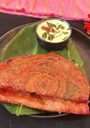 A picture of Red lentils Ragi beetroot Dosa.