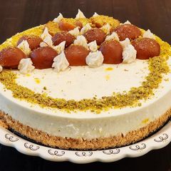 A picture of Gulab Jamun Cheesecake with Arrowroot Biscuit Crust.