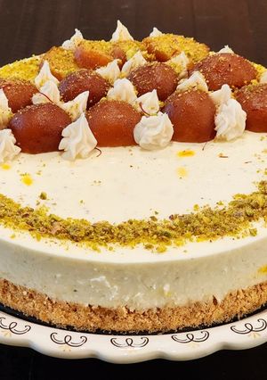 A picture of Gulab Jamun Cheesecake with Arrowroot Biscuit Crust.