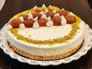 Gulab Jamun Cheesecake with Arrowroot Biscuit Crust