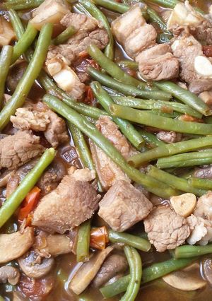 A picture of Pork, beans and mushrooms.