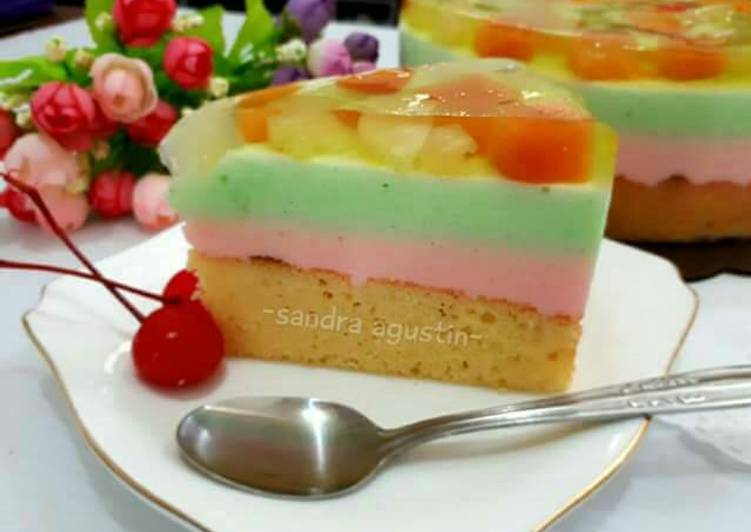 Rainbow Cake Pudding with Fruit Cocktail