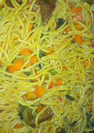 A picture of Jollof spaghetti.