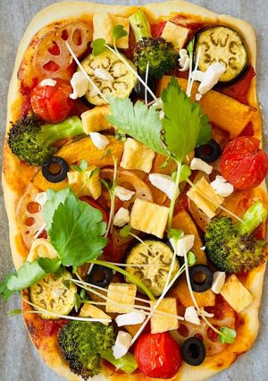 A picture of 🍕 Japanese-Inspired Veggie Pizza with Tofu “Cottage Cheese”.