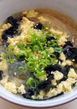 A picture of Wakame, Egg & Harusame Soup.