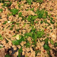 A picture of Larb with Sticky Rice.