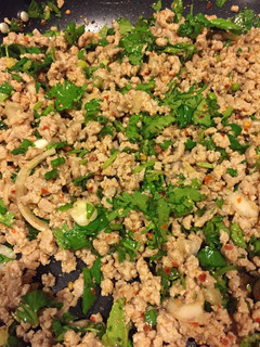 A picture of Larb with Sticky Rice.