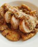 Muslitos de pollo relleno de gambas con sepia en salsa de avellanas y cava