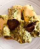 Paccheri con ricotta, espinaca y langosta