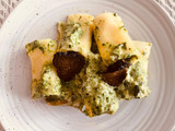 Paccheri con ricotta, espinaca y langosta