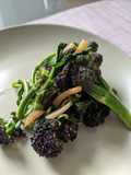 Japanese style fried purple sprouting broccoli