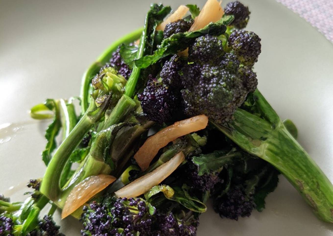 Japanese style fried purple sprouting broccoli