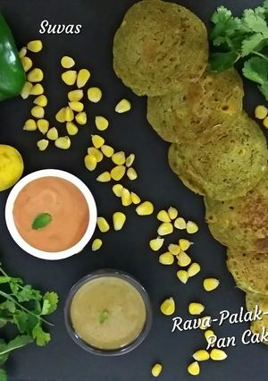 A picture of Rava-Palak-Corn Mini Pancakes.