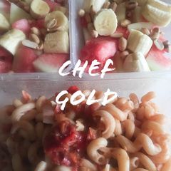 Macaroni/ fruit salad with peanut A picture of Macaroni/ fruit salad with peanut.