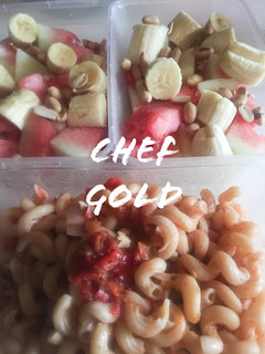 A picture of Macaroni/ fruit salad with peanut.