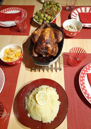 A picture of Heritage chicken. Celeriac puree and mixed veg. Festive.