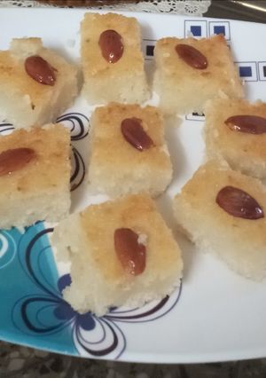 A picture of Basbousa or semolina cake.