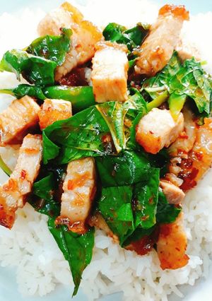 รูปของ ผัดเผ็ดหมูกรอบใบยี่หร่า(ราดข้าว)