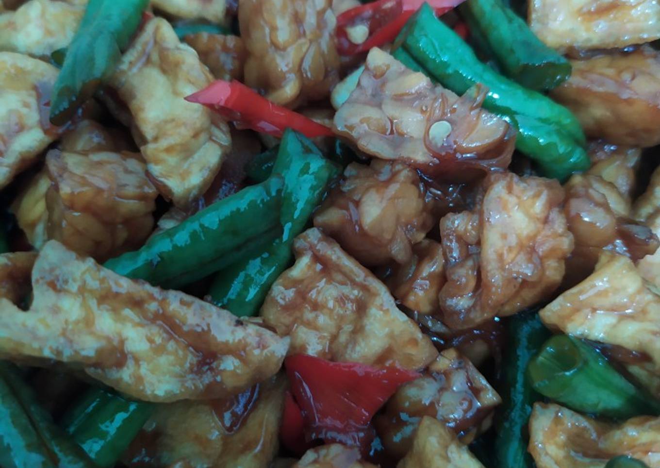 Tumis kacang panjang tahu tempe