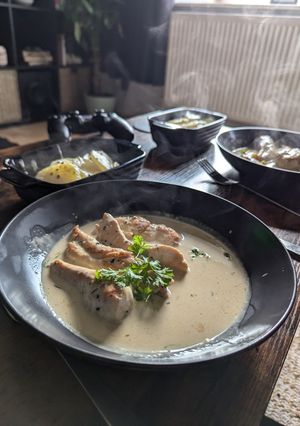 A picture of Dijon Chicken with Pommes Dauphinoises.