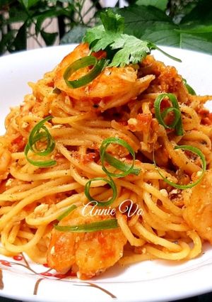 Hình của món Mì Ý tôm trứng muối sốt cà.