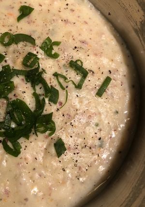 A picture of Loaded red potato-cauliflower soup.