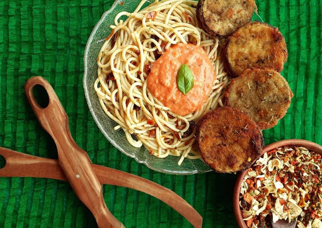 Parmigiana with herbed spaghetti