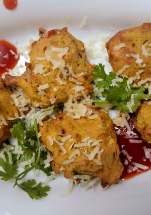 A picture of CHEESE PAKORA WITH LEFT OVER DAL ON AIR FRYER.