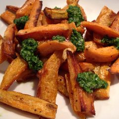 A picture of Sweet Potato Chips with Pesto.