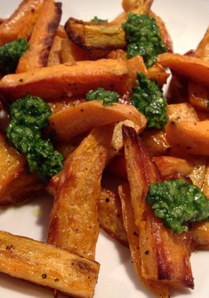 A picture of Sweet Potato Chips with Pesto.