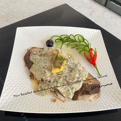 Pan-Roasted Greenland Halibut with Truffle Seasoning Sauces A picture of Pan-Roasted Greenland Halibut with Truffle Seasoning Sauces.