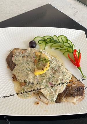 A picture of Pan-Roasted Greenland Halibut with Truffle Seasoning Sauces.