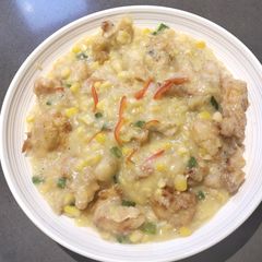 A picture of Fried Fish Fillet with Corn Cream.
