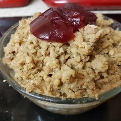 A picture of Turkey stuffing with pork sausage meat & Cranberry Sauce 😀.