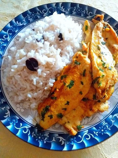Una foto de Filetes de pollo al tikka curry con arroz blanco al tikka masala