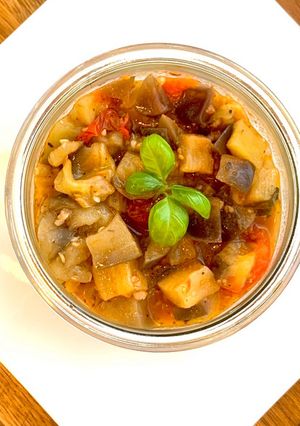 A picture of Microwave Jar-Cooked Eggplant with Tomatoes.