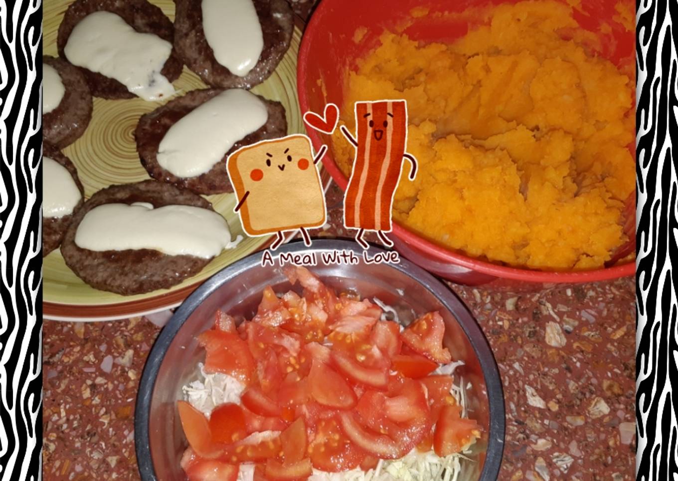 Hamburguesas c/queso y puré mix 《papas y calabaza》c/ensalada