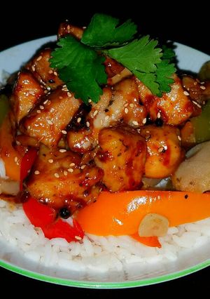 A picture of Mike's Spicy Korean Chicken Over Jasmine Rice.