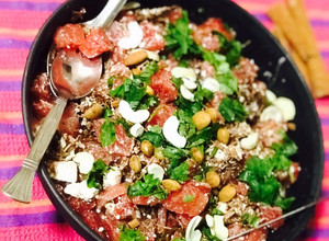 A picture of Watermelon Olives & Feta Salad/Salsa: An Exotic Mediterranean Summer Cool...😎.