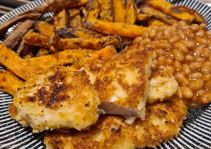 Easiest Way to Prepare Quick Parmesan &amp; Lemon chicken goujons with sweet potato fries