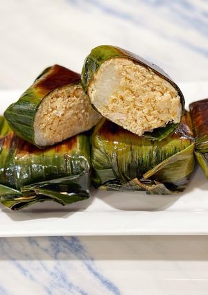 A picture of Lemper Ayam - Steamed Glutinous Rice with Spiced Chicken Floss.