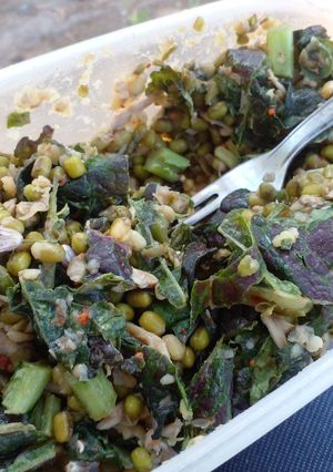 Una foto de Ensalada/revuelto de poroto mung con kale y pollo