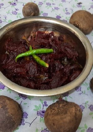 A picture of Kerala style beetroot pickle.