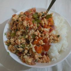 A picture of Scrambled eggs served with rice.