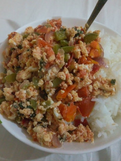 A picture of Scrambled eggs served with rice.