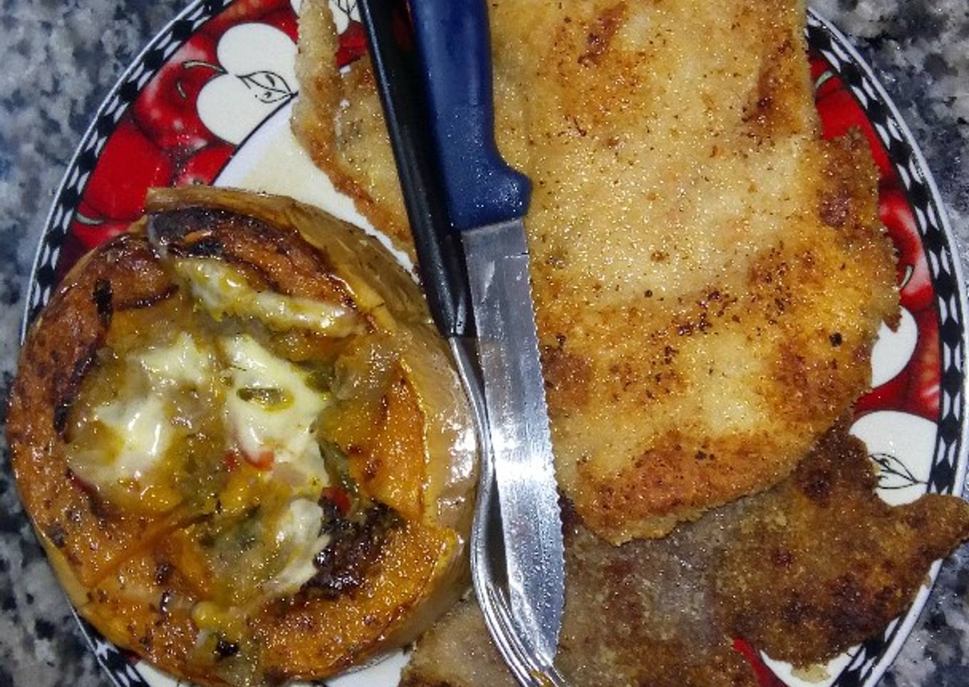 Calabaza al horno rellena y milanesas