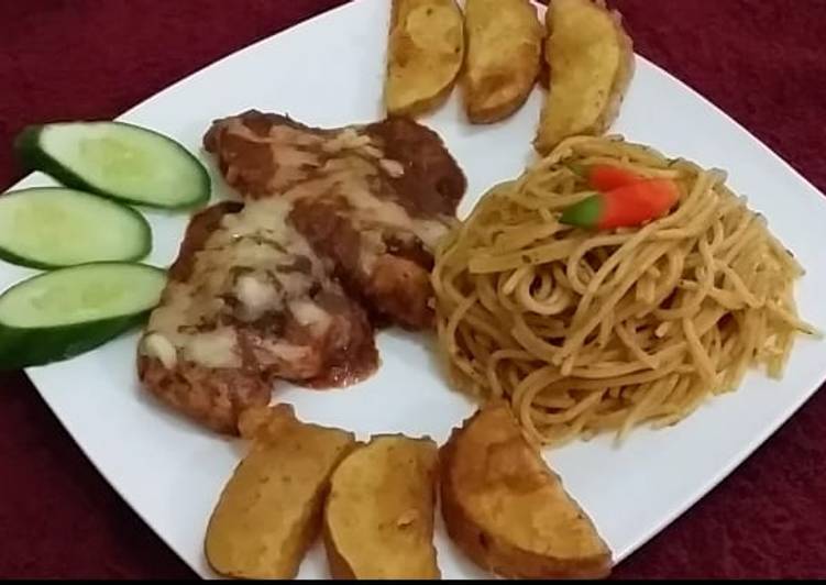 Cheesy Chicken with spaghetti & potato wedges