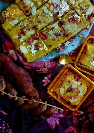 A picture of Roasted potato and dates burfi.