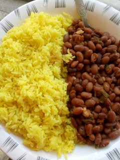 A picture of Turmeric rice and beans.