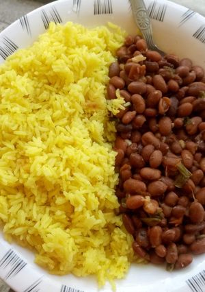 A picture of Turmeric rice and beans.
